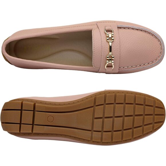 Kordal Women's Pink Leather Gold Accent Buckle Slip-Ons Walking Flats Loafers - Picture 8 of 9